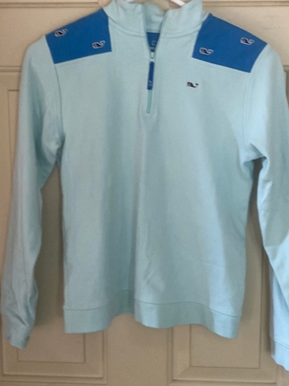 Vineyard Vines Light Aqua Pullover with Royal Blue Shoulder Panels
